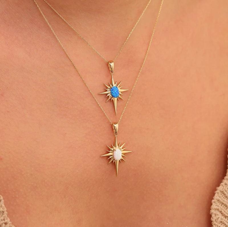 18K Gold Opal North Star Necklace (Blue/White) Traveler Jewelry, Emotional Healing Pendant &amp; Chain, Symbol of Guidance - KarmaLucky