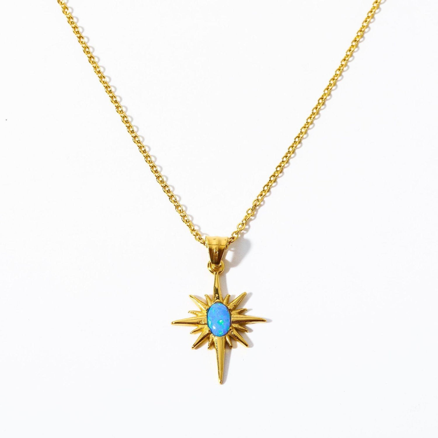 18K Gold Opal North Star Necklace (Blue/White) Traveler Jewelry, Emotional Healing Pendant &amp; Chain, Symbol of Guidance - KarmaLucky