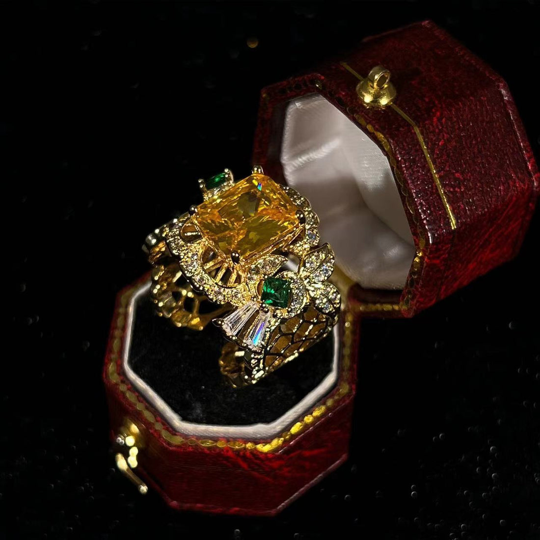 Citrine Ring, Gold Luxury Vintage Hollow Ring with Gemstones