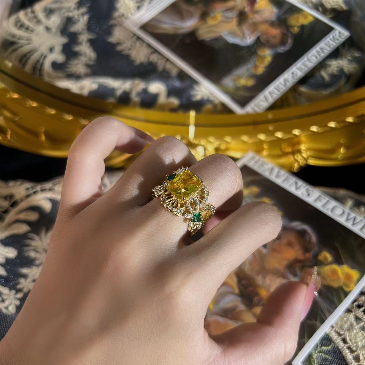 Citrine Ring, Gold Luxury Vintage Hollow Ring with Gemstones