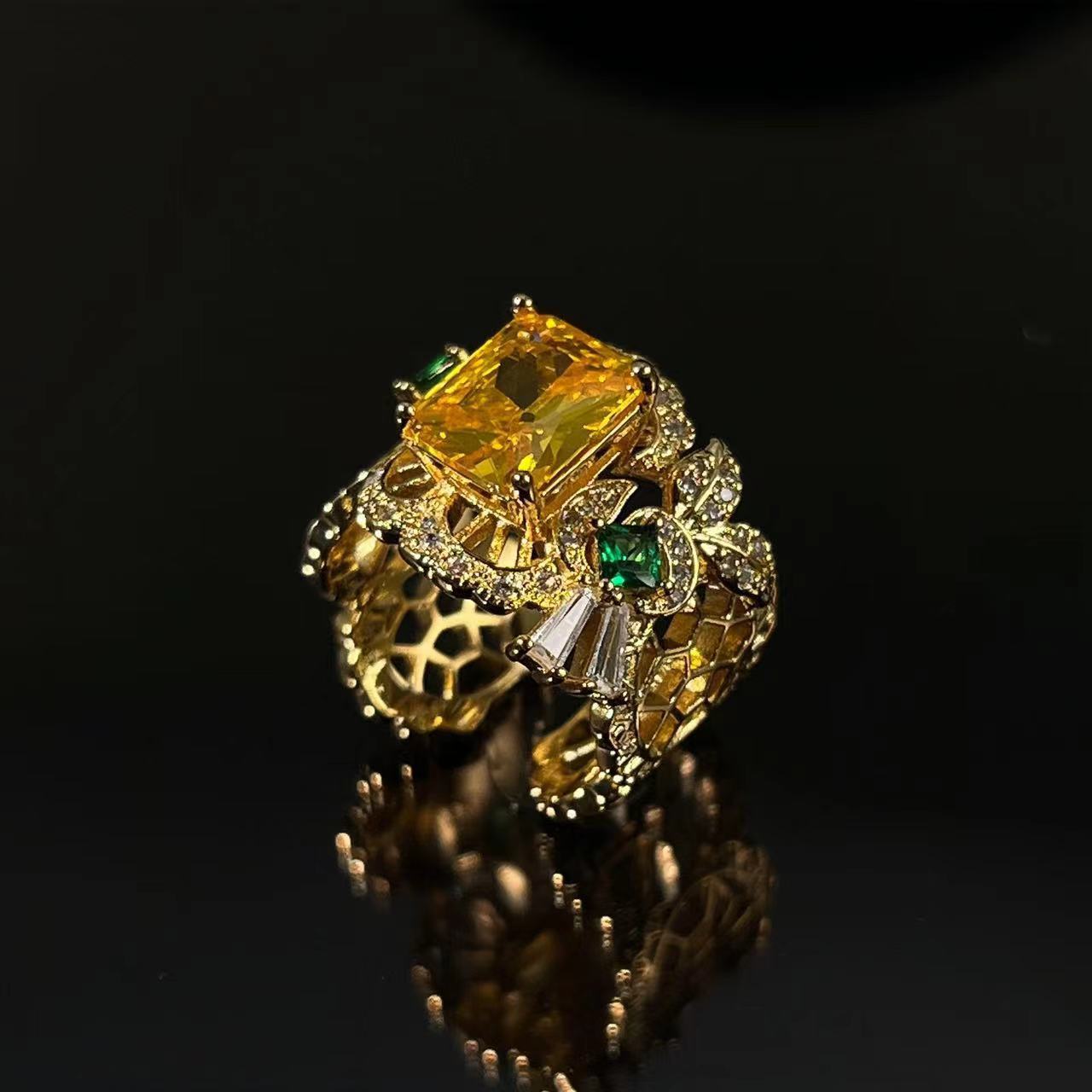 Citrine Ring, Gold Luxury Vintage Hollow Ring with Gemstones