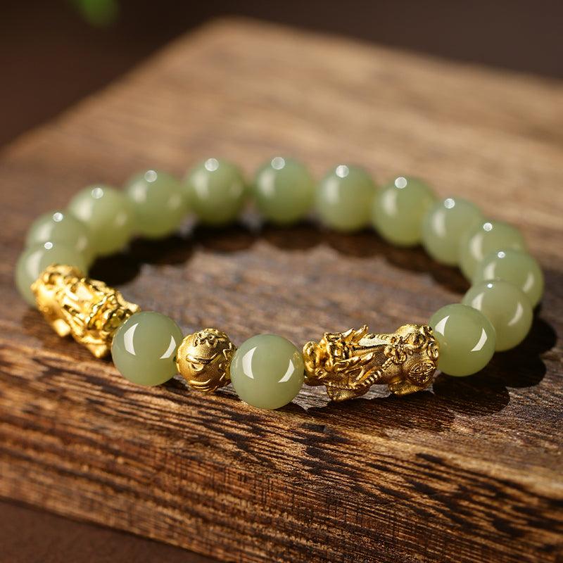 Buddha Bracelets - Pixiu Bracelets, Gold Six Syllable Mantra Bracelets, Attract Wealth &amp; Improve karma, Boost Energy, Meditation Jade Bracelets - KarmaLucky