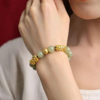 Buddha Bracelets - Pixiu Bracelets, Gold Six Syllable Mantra Bracelets, Attract Wealth &amp; Improve karma, Boost Energy, Meditation Jade Bracelets - KarmaLucky