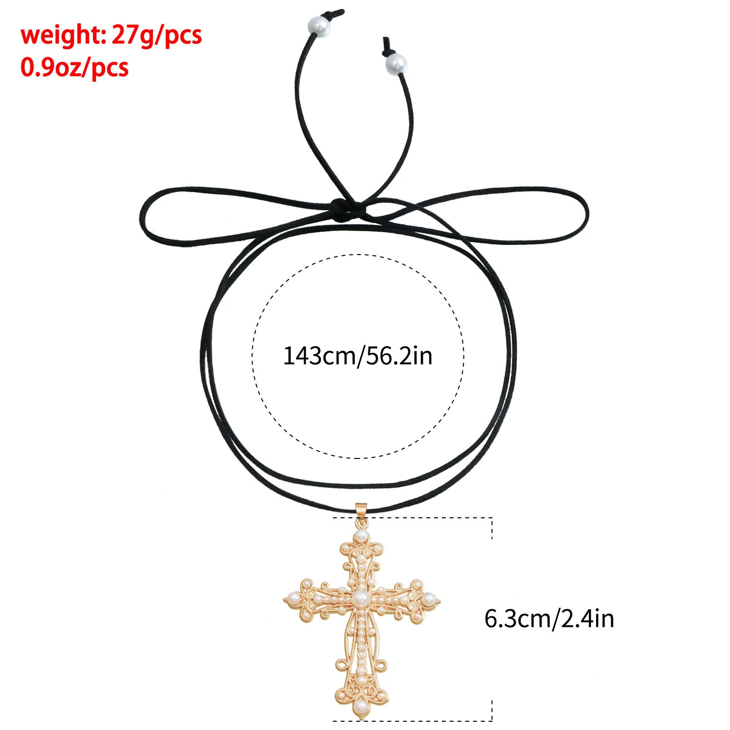 Baroque style inlaid pearl cross pendant, exaggerated cross adjustable rope pendant