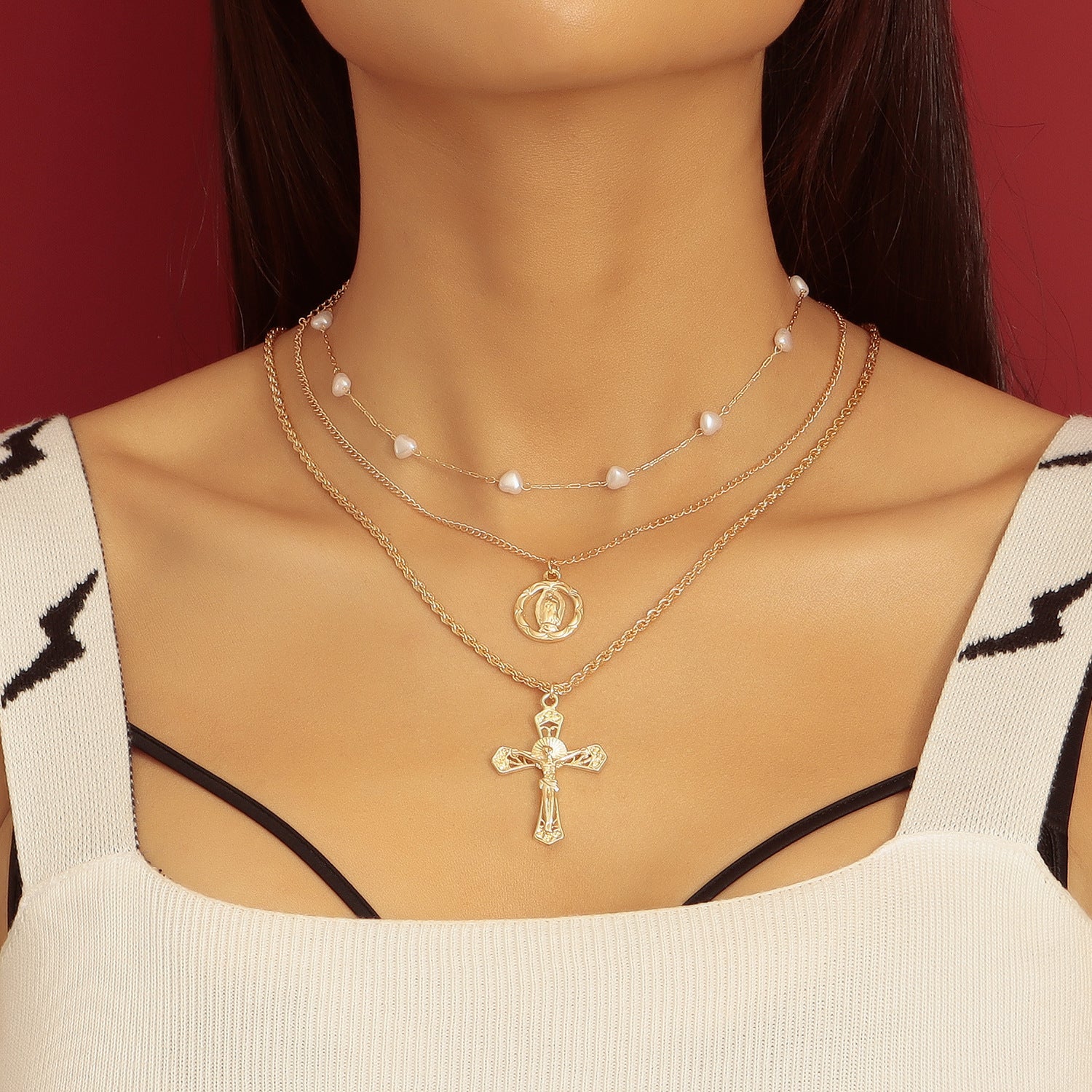 Retro cross multi-layer necklace for women Fashionable and simple versatile chain