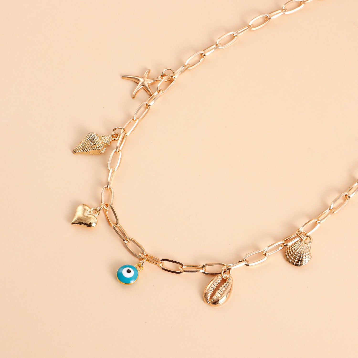 Simple evil eye necklace, gold-plated chain ocean style necklace, shell and starfish necklace for women