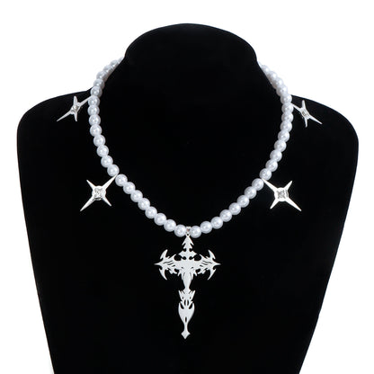 Rock style cross necklace, Pearl beads Y2K necklace