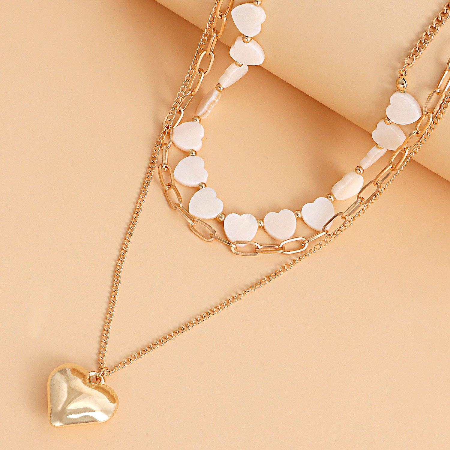 Gold-Plated Heart Necklace, Mother-of-Pearl Heart Necklace, Choker Necklace Set