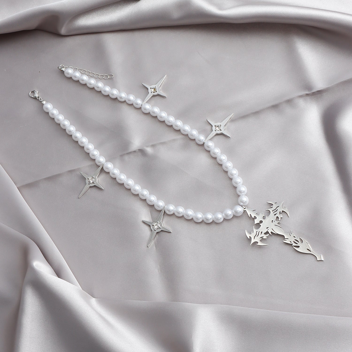 Rock style cross necklace, Pearl beads Y2K necklace