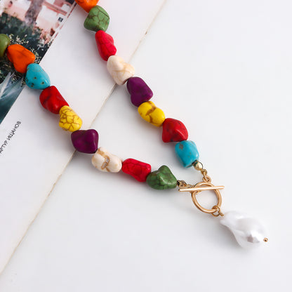 Irregular Natural Colored Turquoise Necklace with Unique Pearl Pendant, Fashion and Balance Chakra