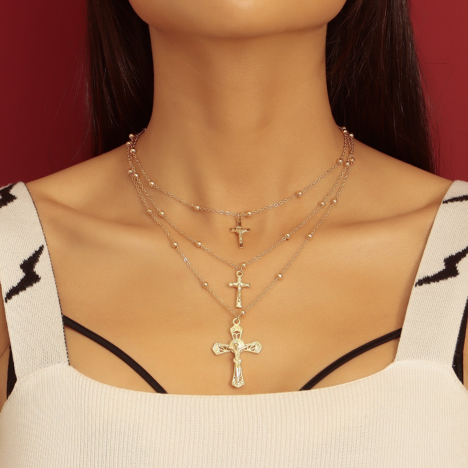 Retro cross multi-layer necklace for women Fashionable and simple versatile chain