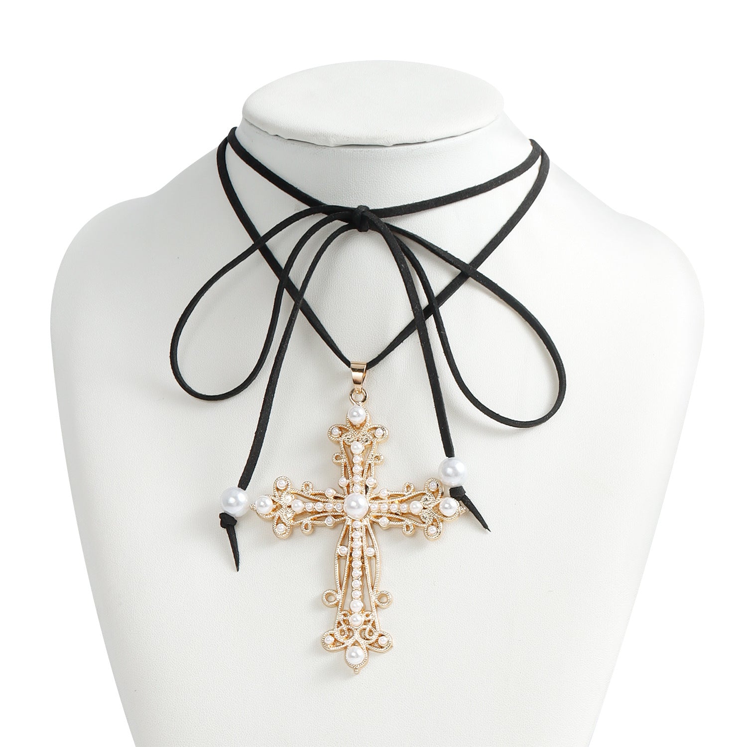 Baroque style inlaid pearl cross pendant, exaggerated cross adjustable rope pendant