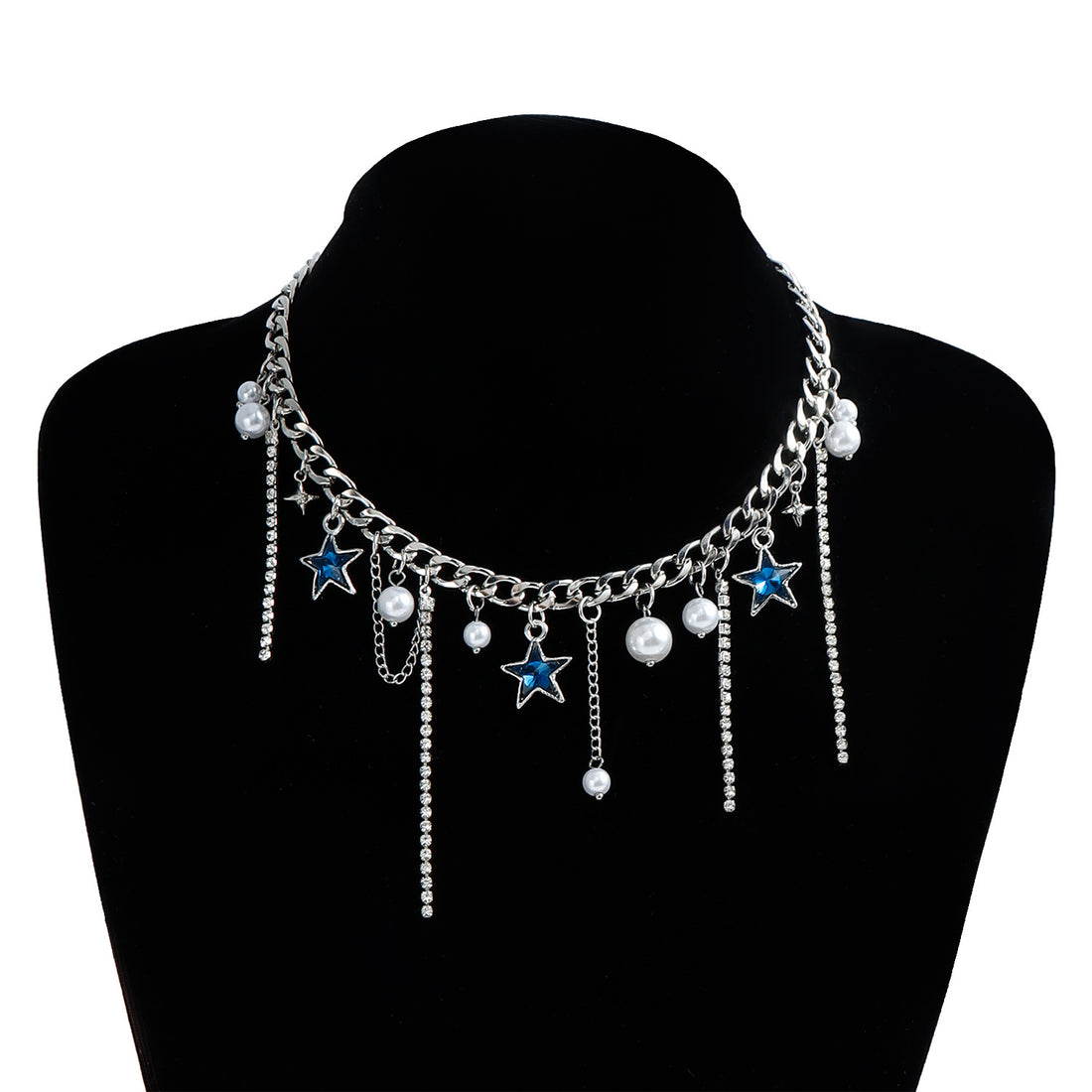 Blue rhinestone star tassel necklace for women, unique and elegant choker/collarbone chain.