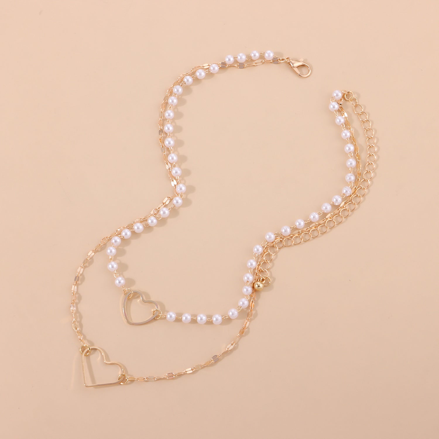 Love heart necklace double chain, pearl style with necklace