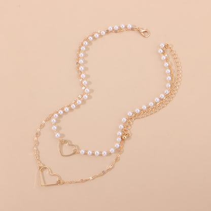 Love heart necklace double chain, pearl style with necklace