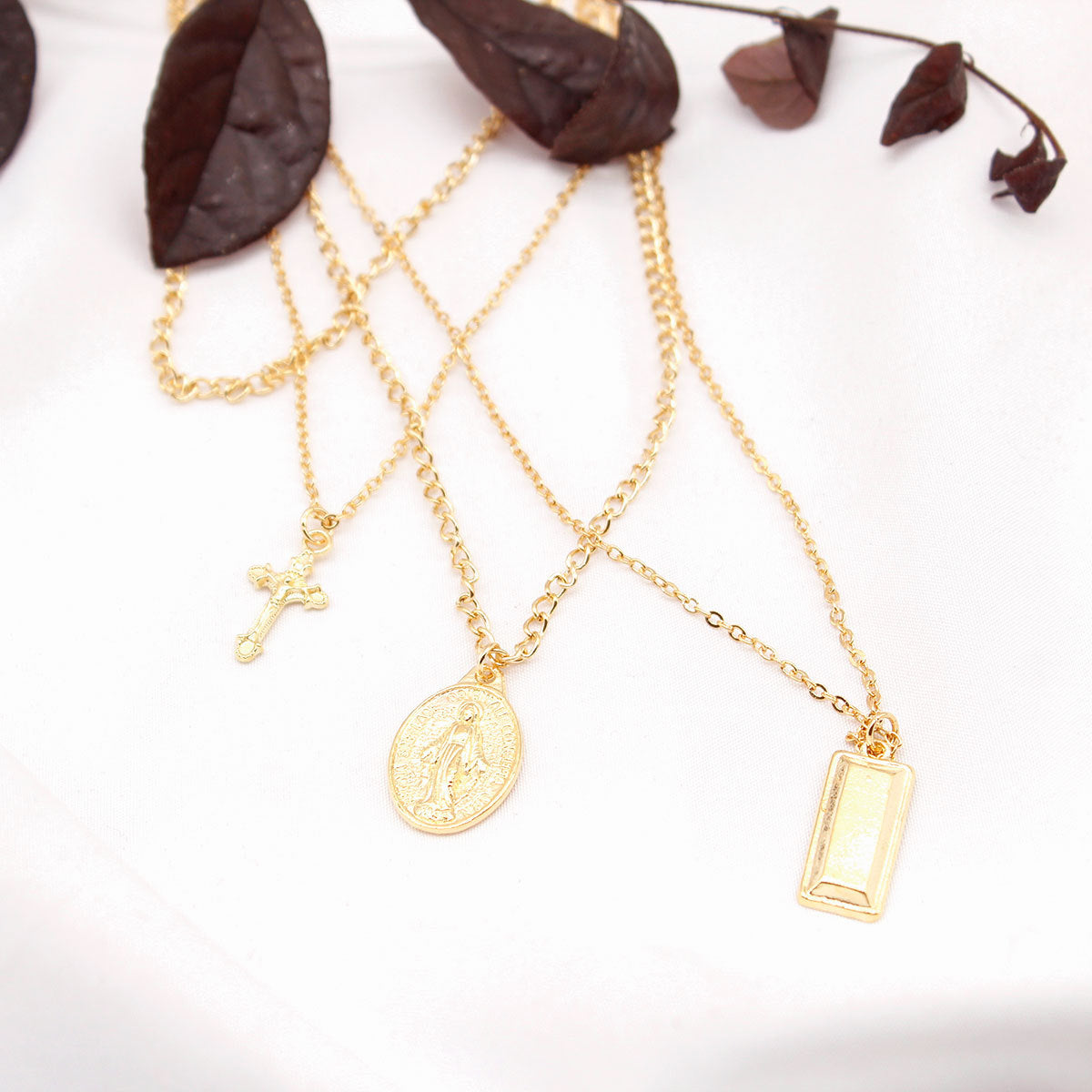 Vintage Gold Plated Alloy Madonna &amp; Cross Pendant Set