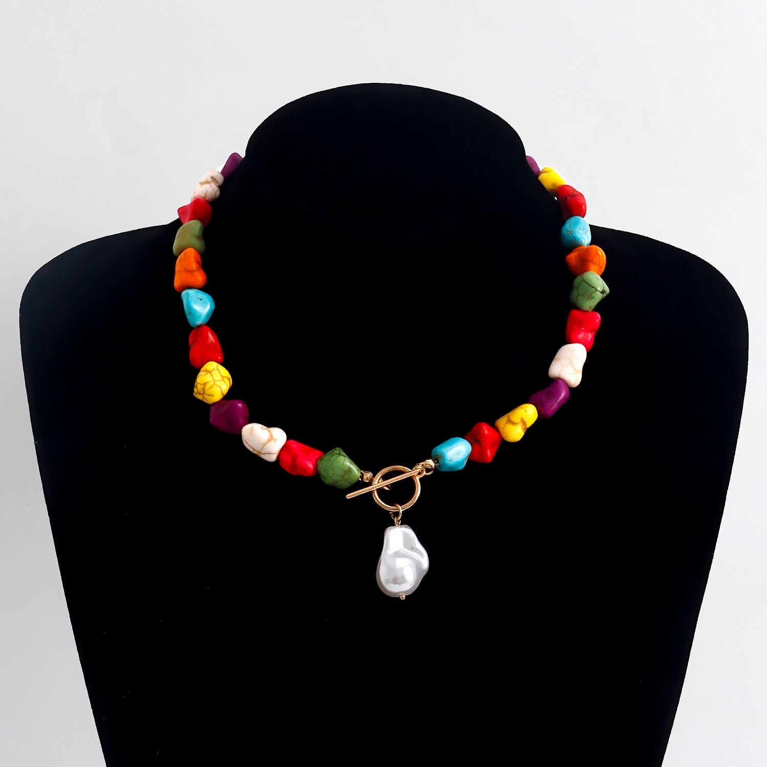 Irregular Natural Colored Turquoise Necklace with Unique Pearl Pendant, Fashion and Balance Chakra