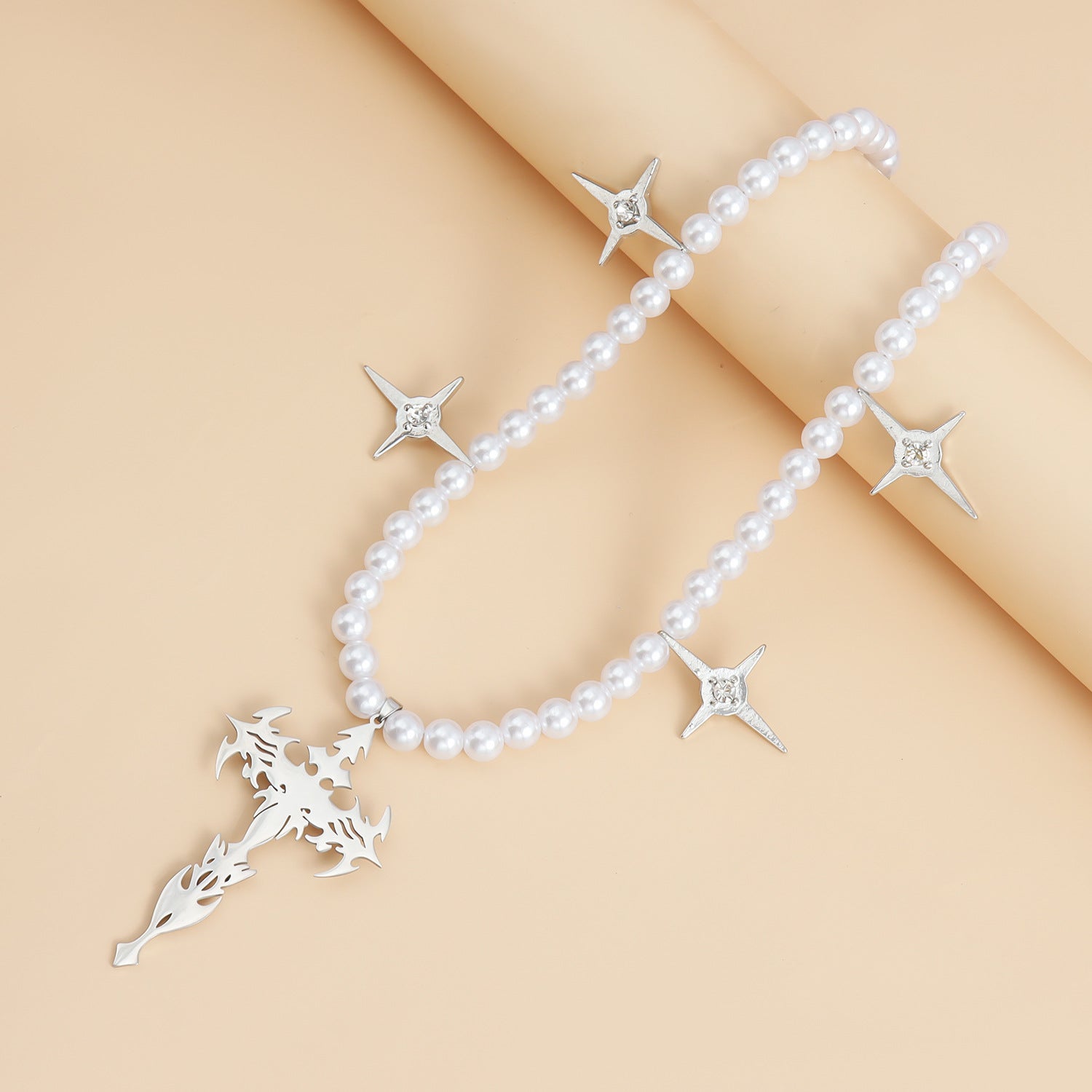 Rock style cross necklace, Pearl beads Y2K necklace