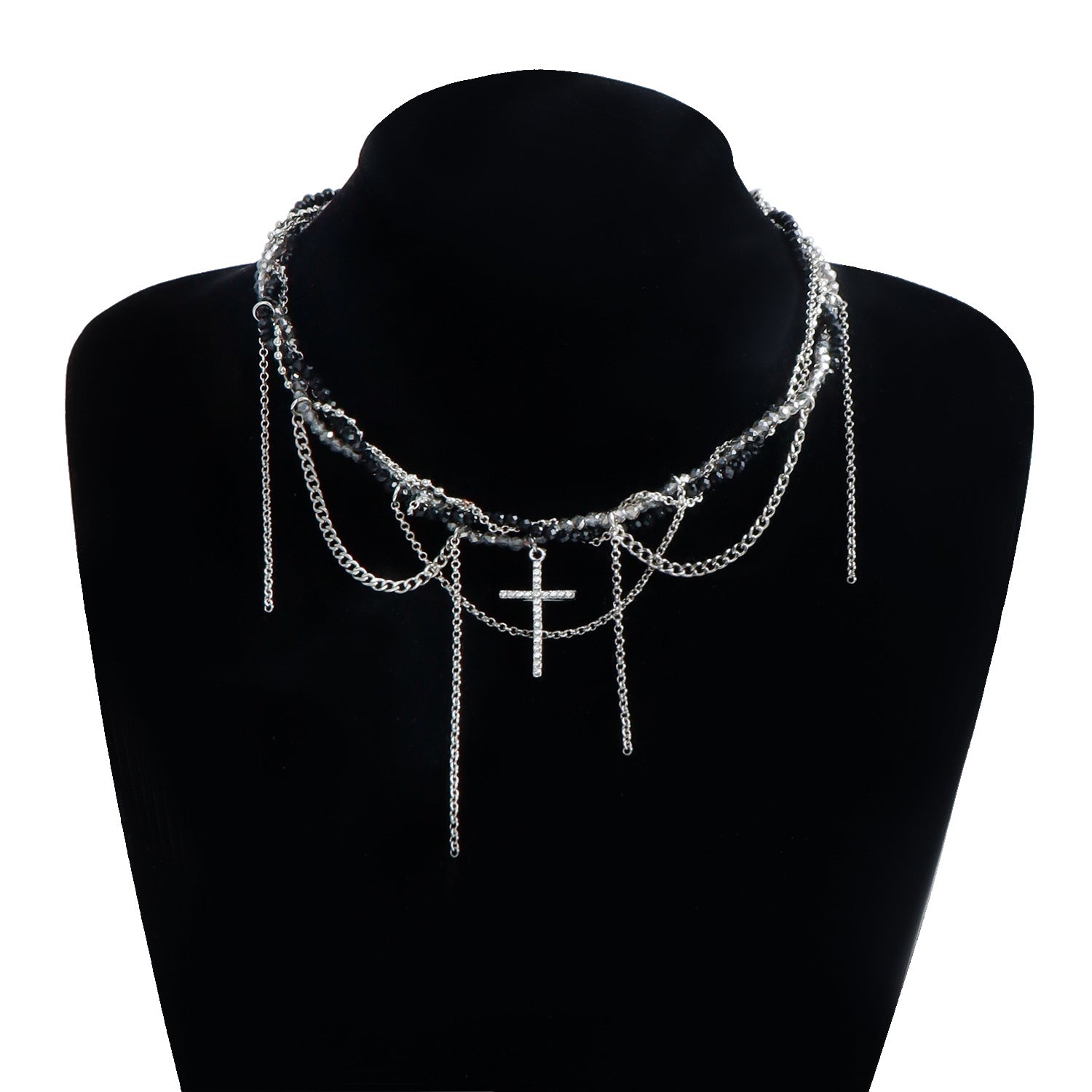 Cross necklace, white crystal and obsidian combination necklace, metal rattan style