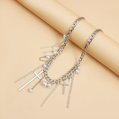 Fashion Cross with Pearl and Diamond Tassel Necklace