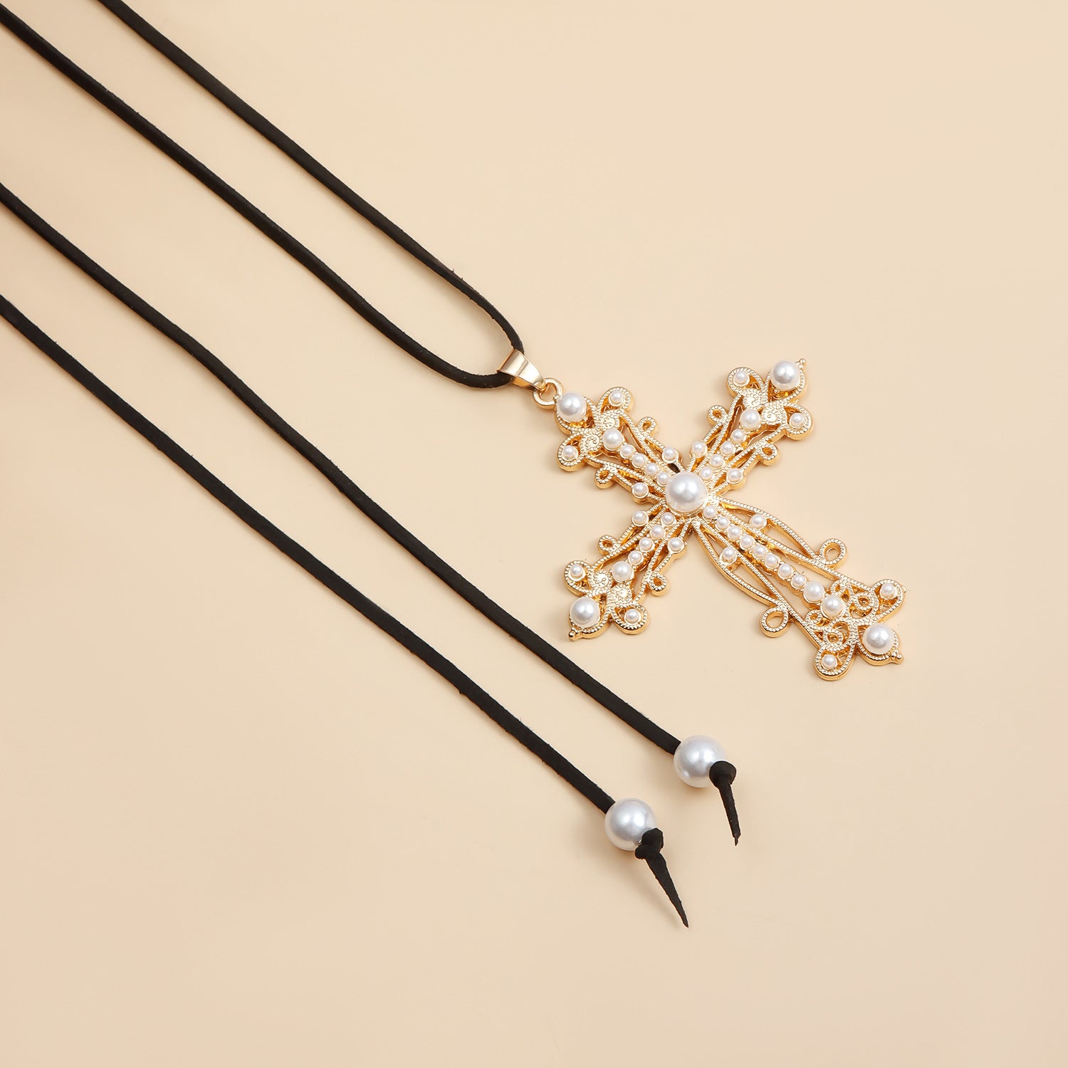 Baroque style inlaid pearl cross pendant, exaggerated cross adjustable rope pendant