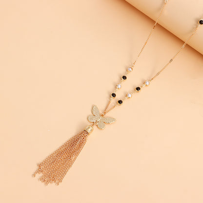 Butterfly long tassel necklace for women, with outer chain design