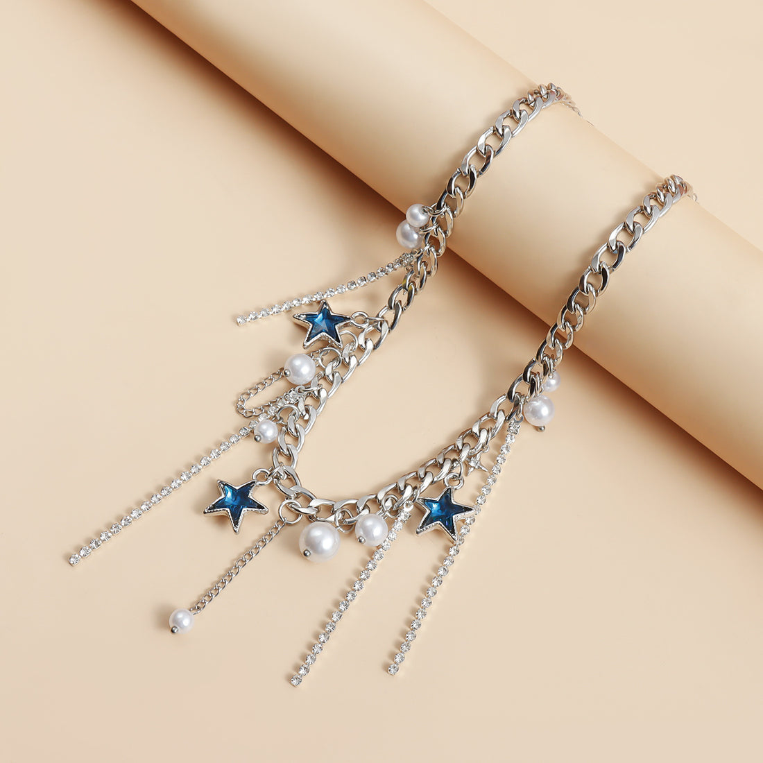 Blue rhinestone star tassel necklace for women, unique and elegant choker/collarbone chain.