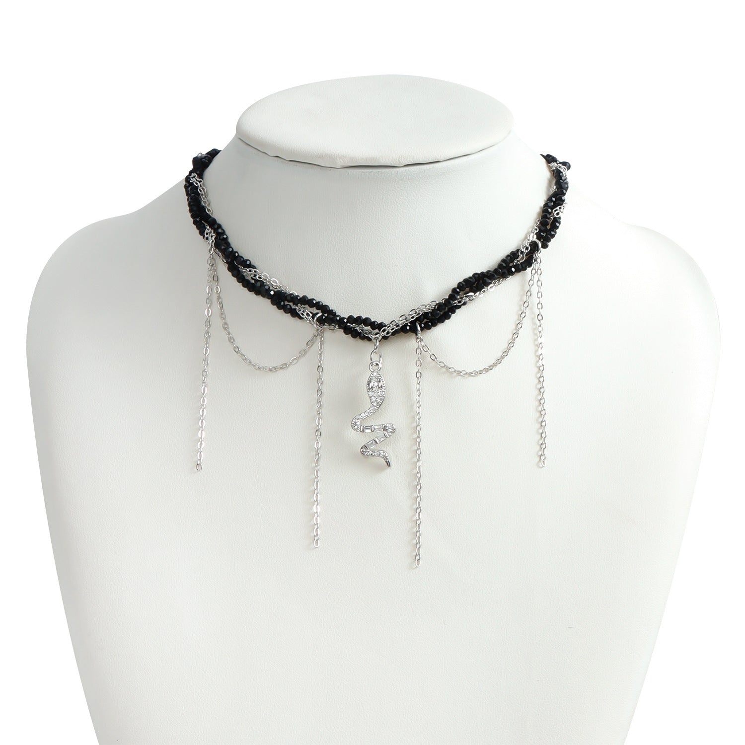 Cross necklace, white crystal and obsidian combination necklace, metal rattan style