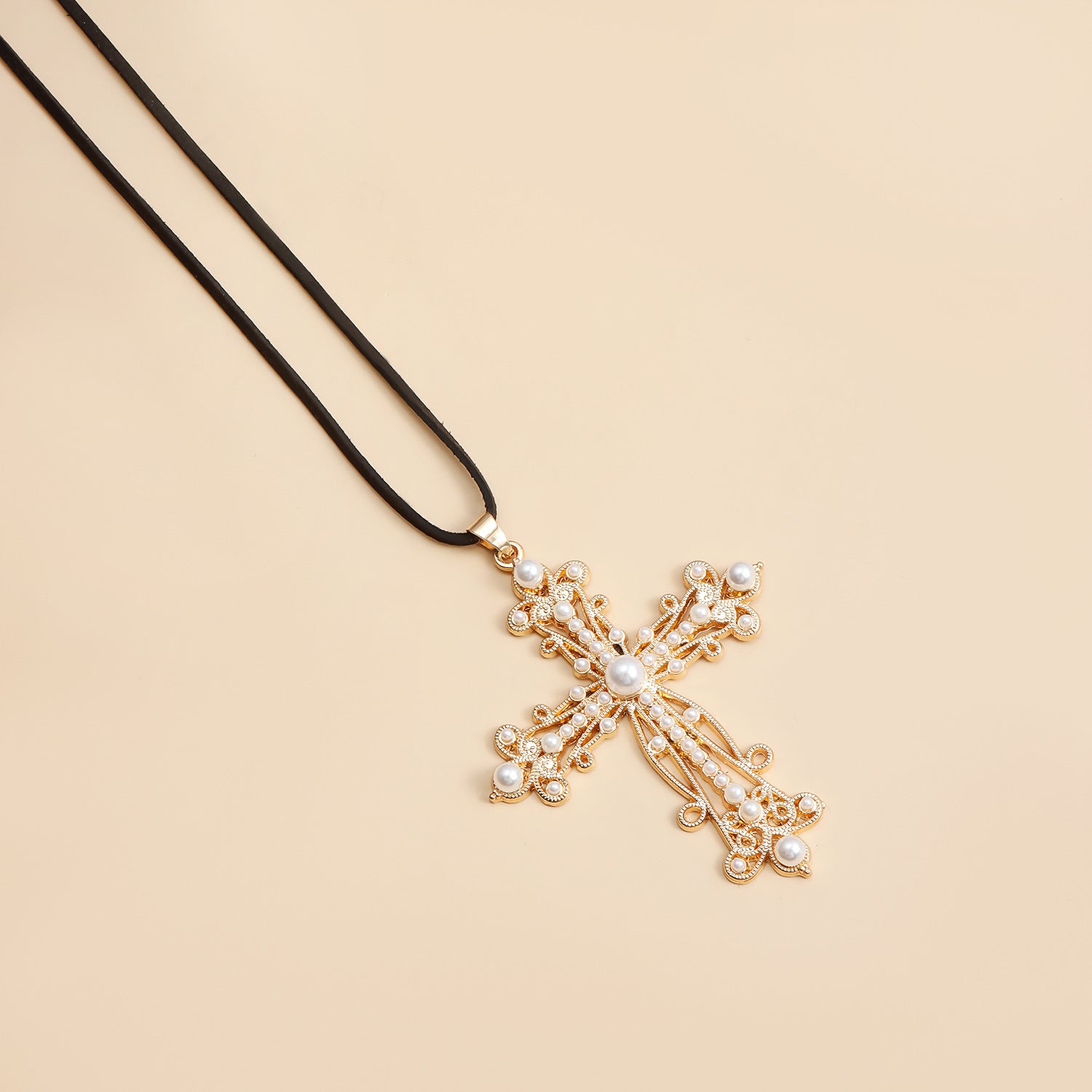 Baroque style inlaid pearl cross pendant, exaggerated cross adjustable rope pendant