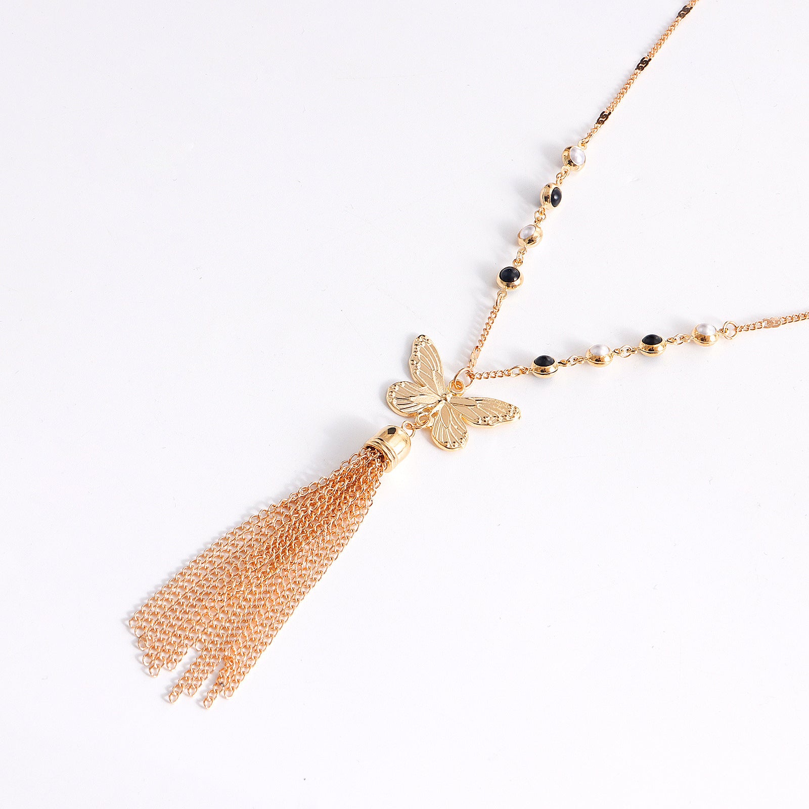 Butterfly long tassel necklace for women, with outer chain design