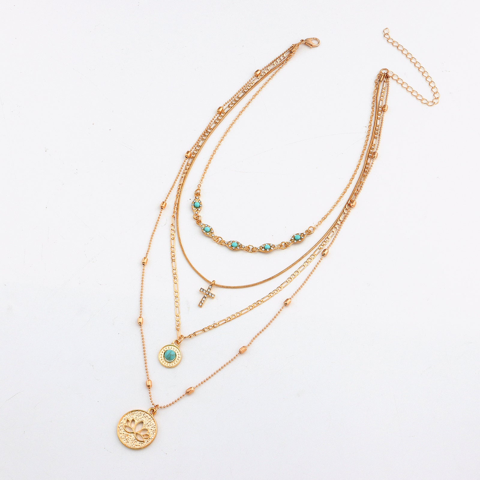 Multi-layer combination necklace, Cross pendant (Hollow lotus, Diamond cross, Turquoise devil&