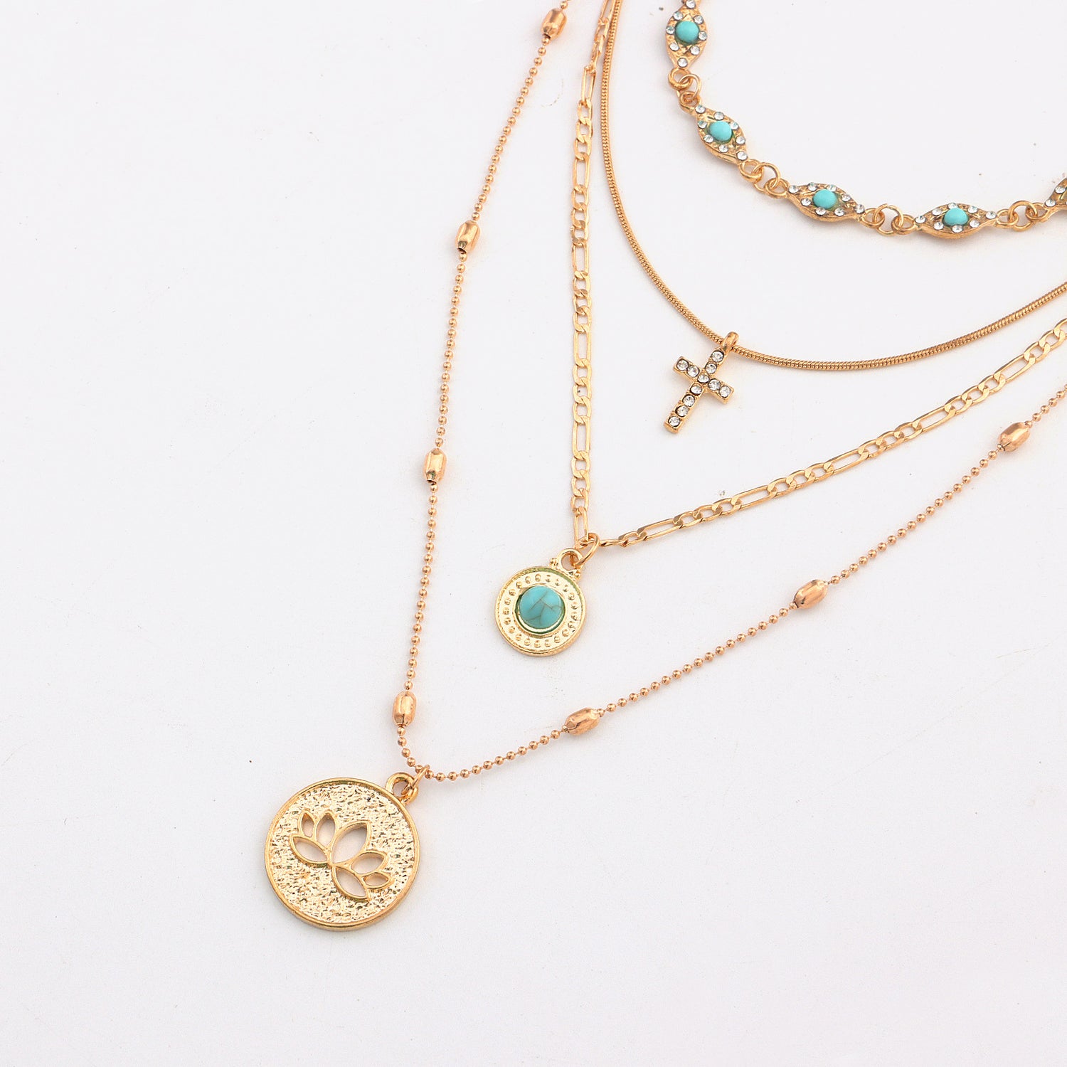 Multi-layer combination necklace, Cross pendant (Hollow lotus, Diamond cross, Turquoise devil&