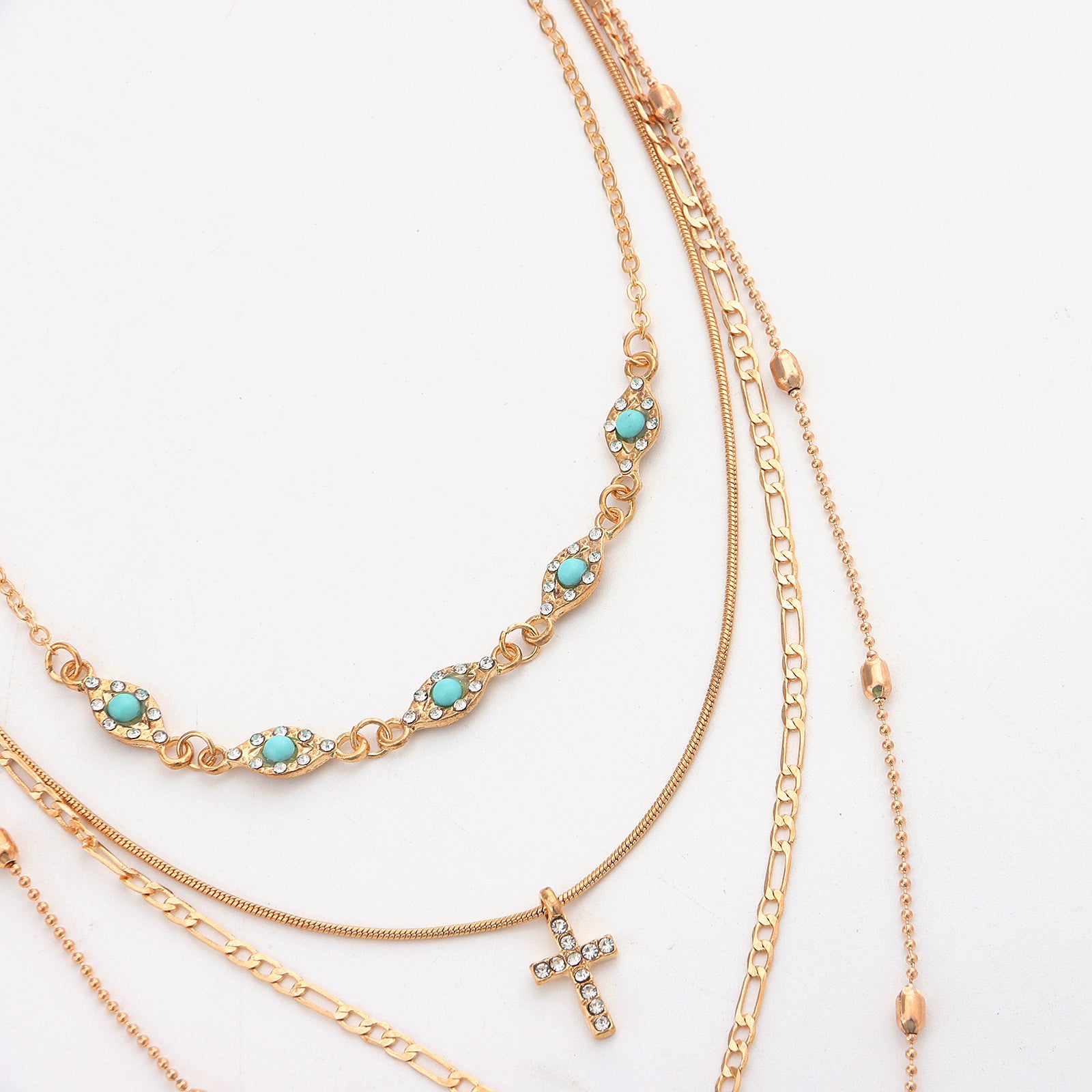 Multi-layer combination necklace, Cross pendant (Hollow lotus, Diamond cross, Turquoise devil&