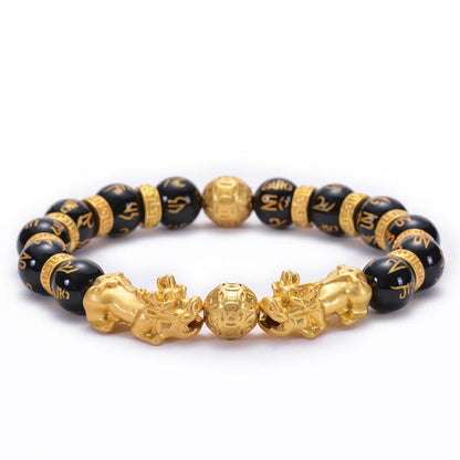 FengShui Bracelets - Gold Pixiu Obsidian Six Syllable Mantra Bracelets, Attract Wealth, Health, Fortune - KarmaLucky