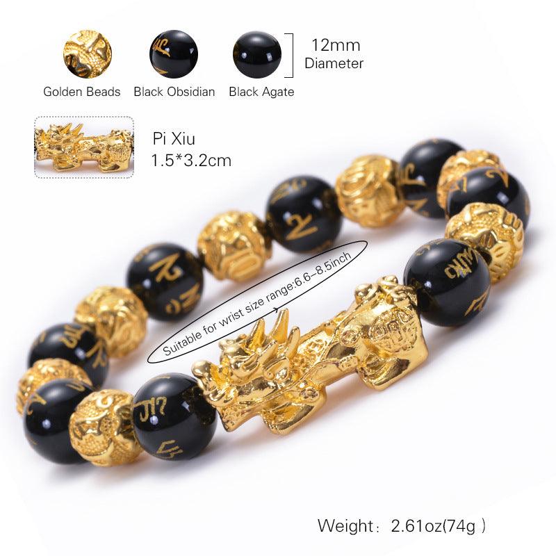 FengShui Bracelets - Gold Pixiu Obsidian Six Syllable Mantra Bracelets, Attract Wealth, Health, Fortune - KarmaLucky