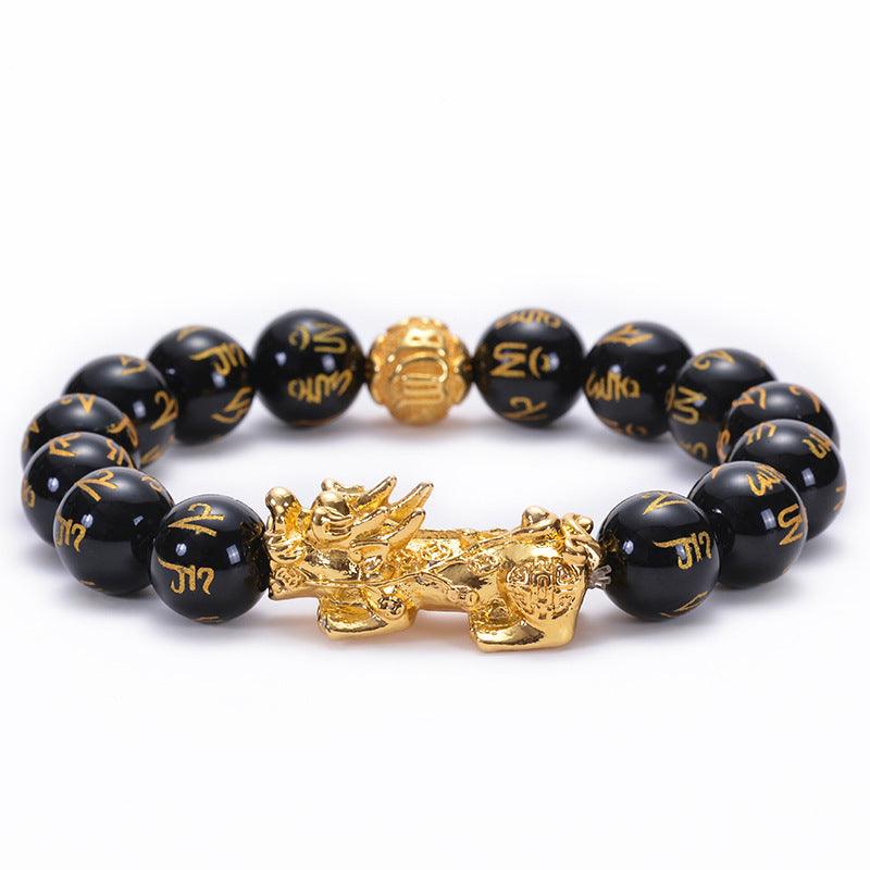 FengShui Bracelets - Gold Pixiu Obsidian Six Syllable Mantra Bracelets, Attract Wealth, Health, Fortune - KarmaLucky