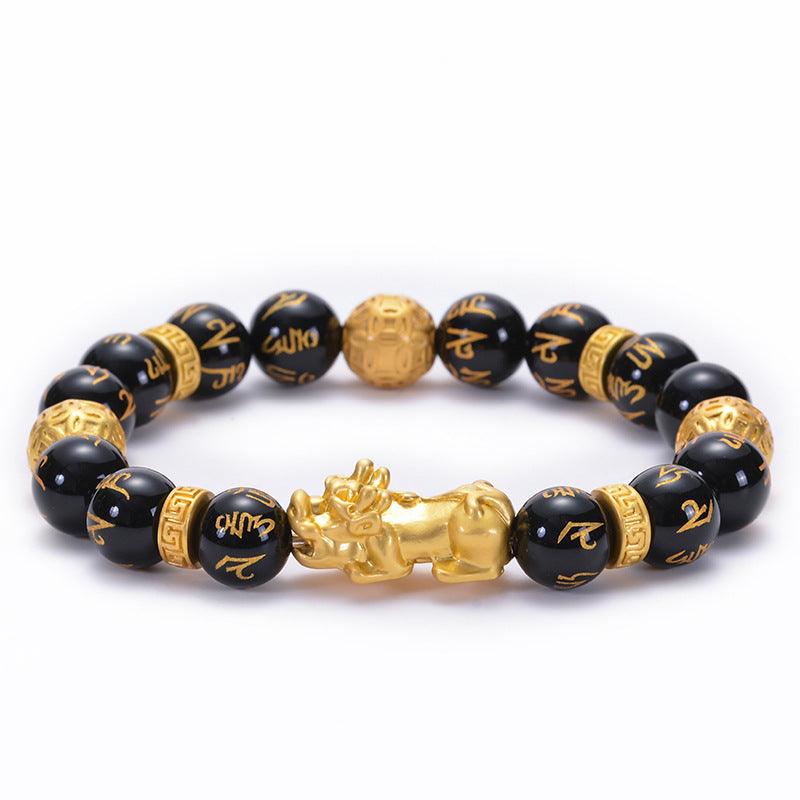 FengShui Bracelets - Gold Pixiu Obsidian Six Syllable Mantra Bracelets, Attract Wealth, Health, Fortune - KarmaLucky