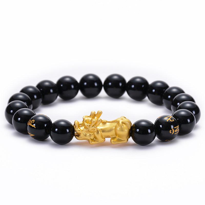 FengShui Bracelets - Gold Pixiu Obsidian Six Syllable Mantra Bracelets, Attract Wealth, Health, Fortune - KarmaLucky