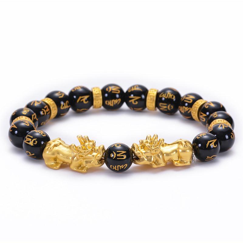 FengShui Bracelets - Gold Pixiu Obsidian Six Syllable Mantra Bracelets, Attract Wealth, Health, Fortune - KarmaLucky