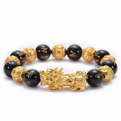 FengShui Bracelets - Gold Pixiu Obsidian Six Syllable Mantra Bracelets, Attract Wealth, Health, Fortune - KarmaLucky