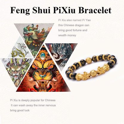 FengShui Bracelets - Gold Pixiu Obsidian Six Syllable Mantra Bracelets, Attract Wealth, Health, Fortune - KarmaLucky