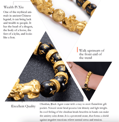 FengShui Bracelets - Gold Pixiu Obsidian Six Syllable Mantra Bracelets, Attract Wealth, Health, Fortune - KarmaLucky