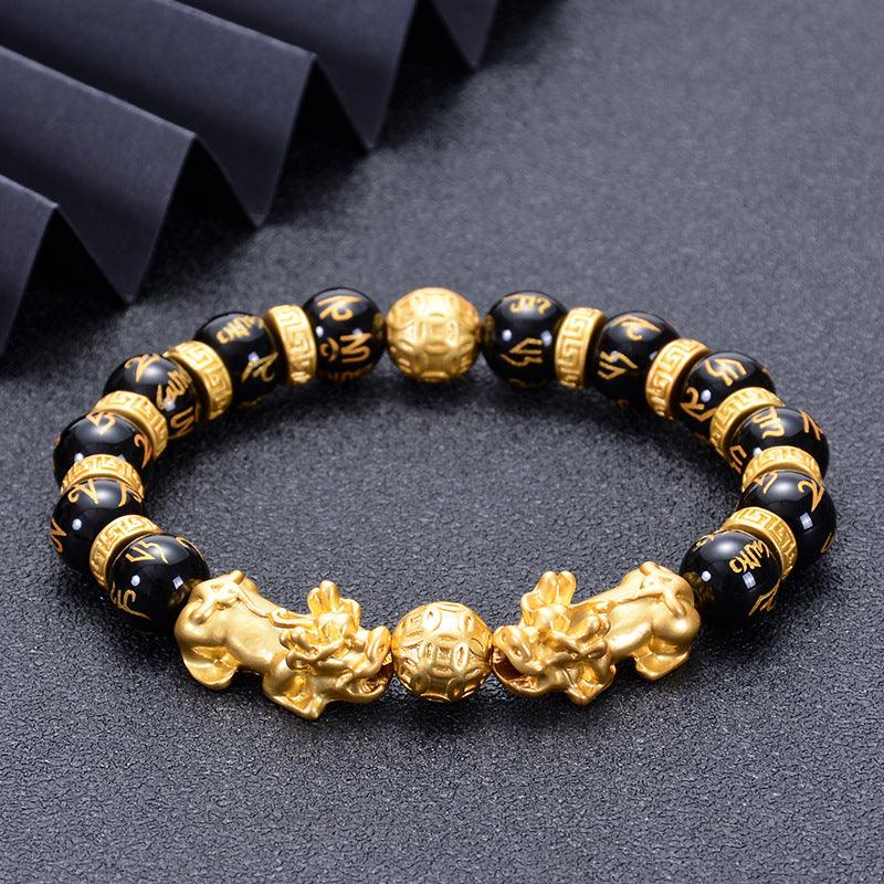 FengShui Bracelets - Gold Pixiu Obsidian Six Syllable Mantra Bracelets, Attract Wealth, Health, Fortune - KarmaLucky