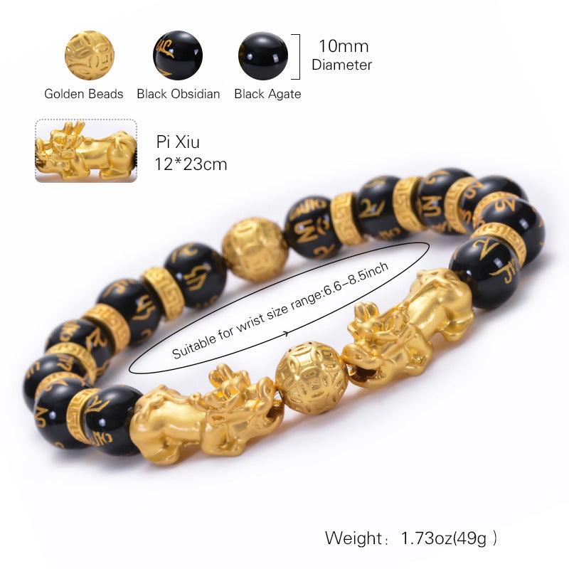 FengShui Bracelets - Gold Pixiu Obsidian Six Syllable Mantra Bracelets, Attract Wealth, Health, Fortune - KarmaLucky