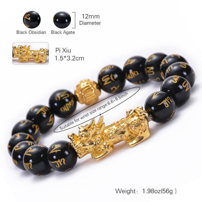 FengShui Bracelets - Gold Pixiu Obsidian Six Syllable Mantra Bracelets, Attract Wealth, Health, Fortune - KarmaLucky