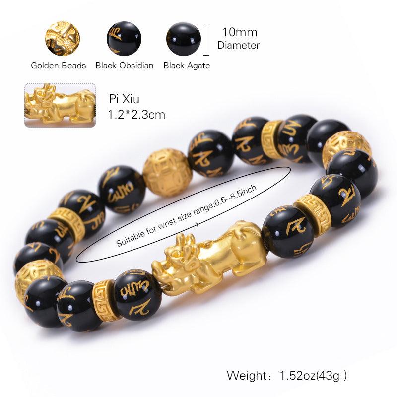 FengShui Bracelets - Gold Pixiu Obsidian Six Syllable Mantra Bracelets, Attract Wealth, Health, Fortune - KarmaLucky