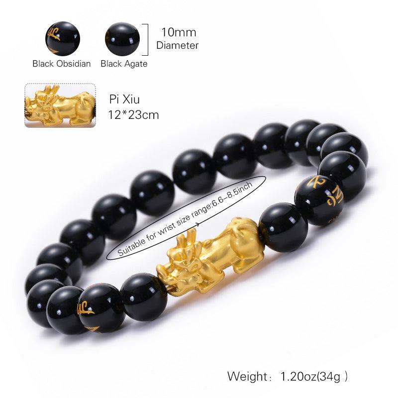 FengShui Bracelets - Gold Pixiu Obsidian Six Syllable Mantra Bracelets, Attract Wealth, Health, Fortune - KarmaLucky