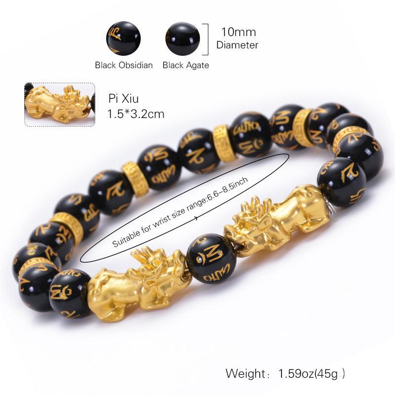 FengShui Bracelets - Gold Pixiu Obsidian Six Syllable Mantra Bracelets, Attract Wealth, Health, Fortune - KarmaLucky