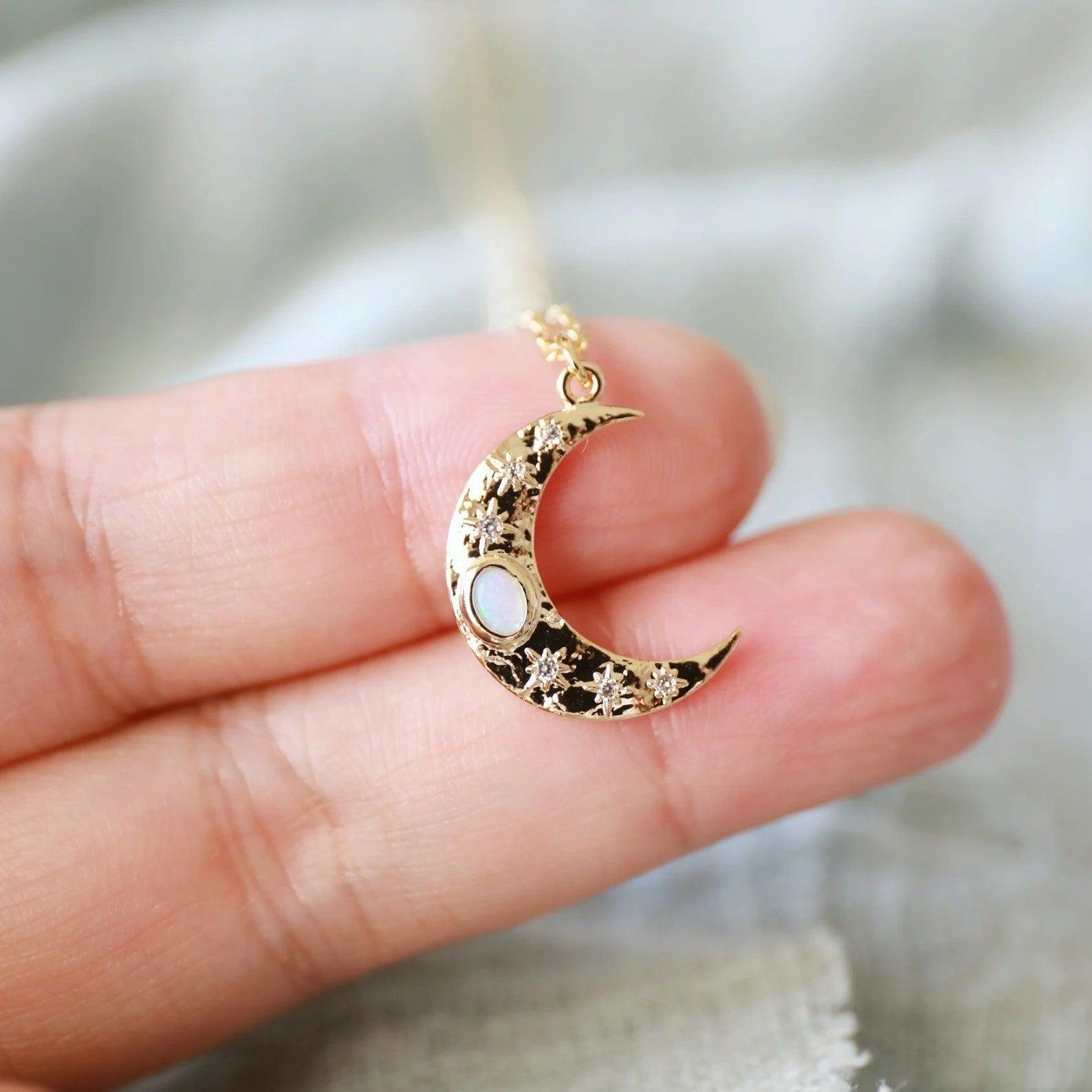 Gold Crescent and Star Necklaces, Minimalist 18K Gold Necklaces, Purify Energy &amp; Attract Wisdom, Balance Mind, Women&