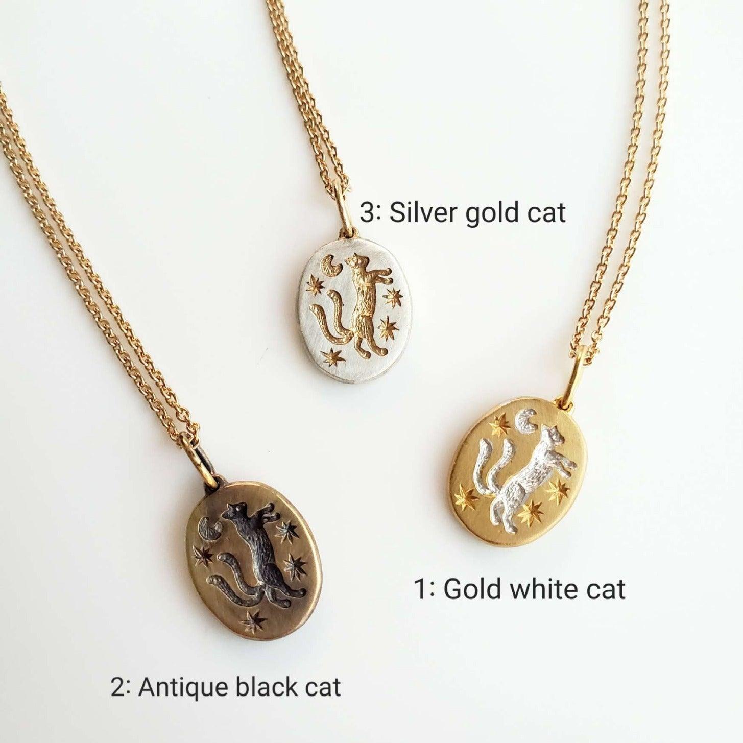 ins handmade moon night cat two-tailed cat mythical element oval tarot card necklace gold-plated 18K - KarmaLucky